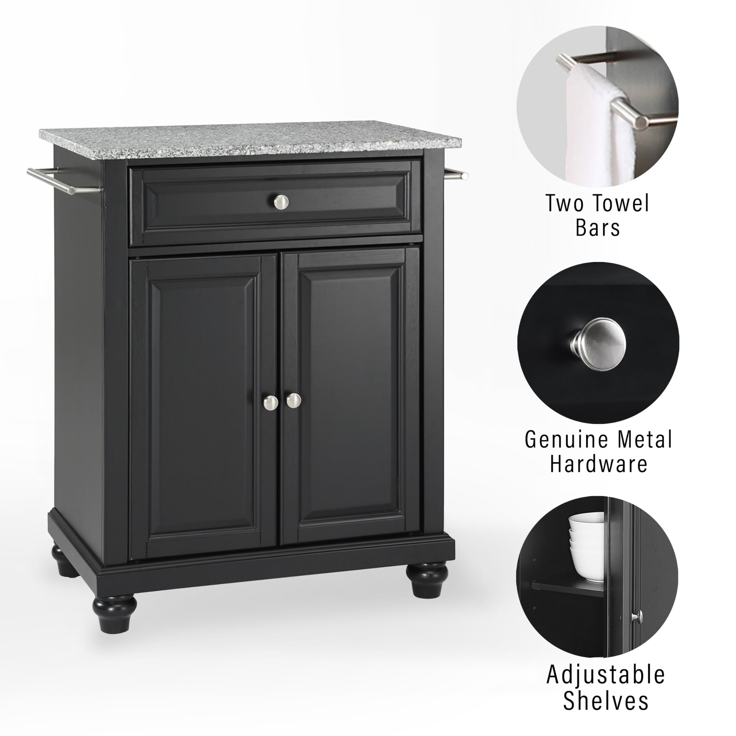 Crosley Furniture Cambridge Granite Top Small Portable Rolling Kitchen Island Storage Cart, Microwave Stand, Black