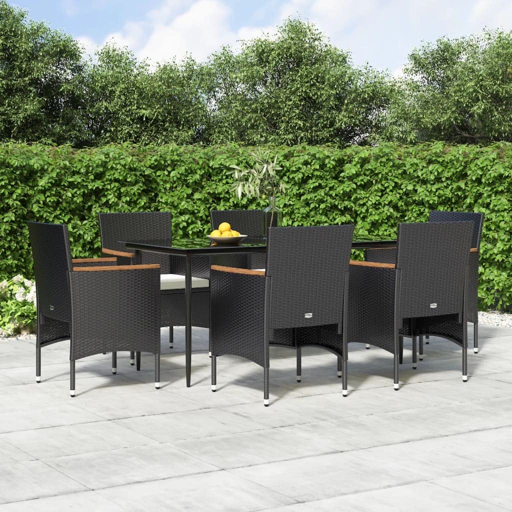 vidaXL 7-Piece Black Patio Dining Set with Cushions - Modern Outdoor Furniture with PE Rattan, Tempered Glass Table, Cushioned Chairs for Garden, Patio, or Deck