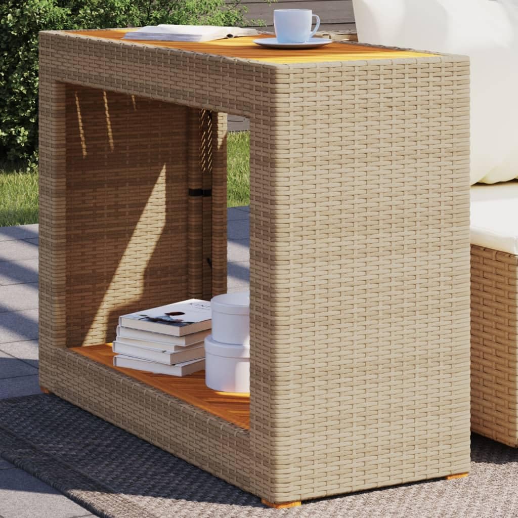 vidaXL Patio Side Table - Wooden Top, Poly Rattan, Beige/Brown, 39.4"x15.7"x29.5" for Garden, Backyard, Patio