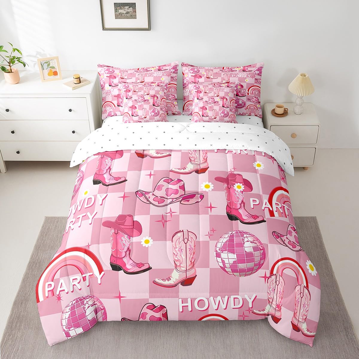 Manfei 7 Pieces Howdy Comforter Set Twin Size, Cowgirl Boots Hats Bedding Set For Kids Boy Girls Bedroom Decor, Western Cowboy P