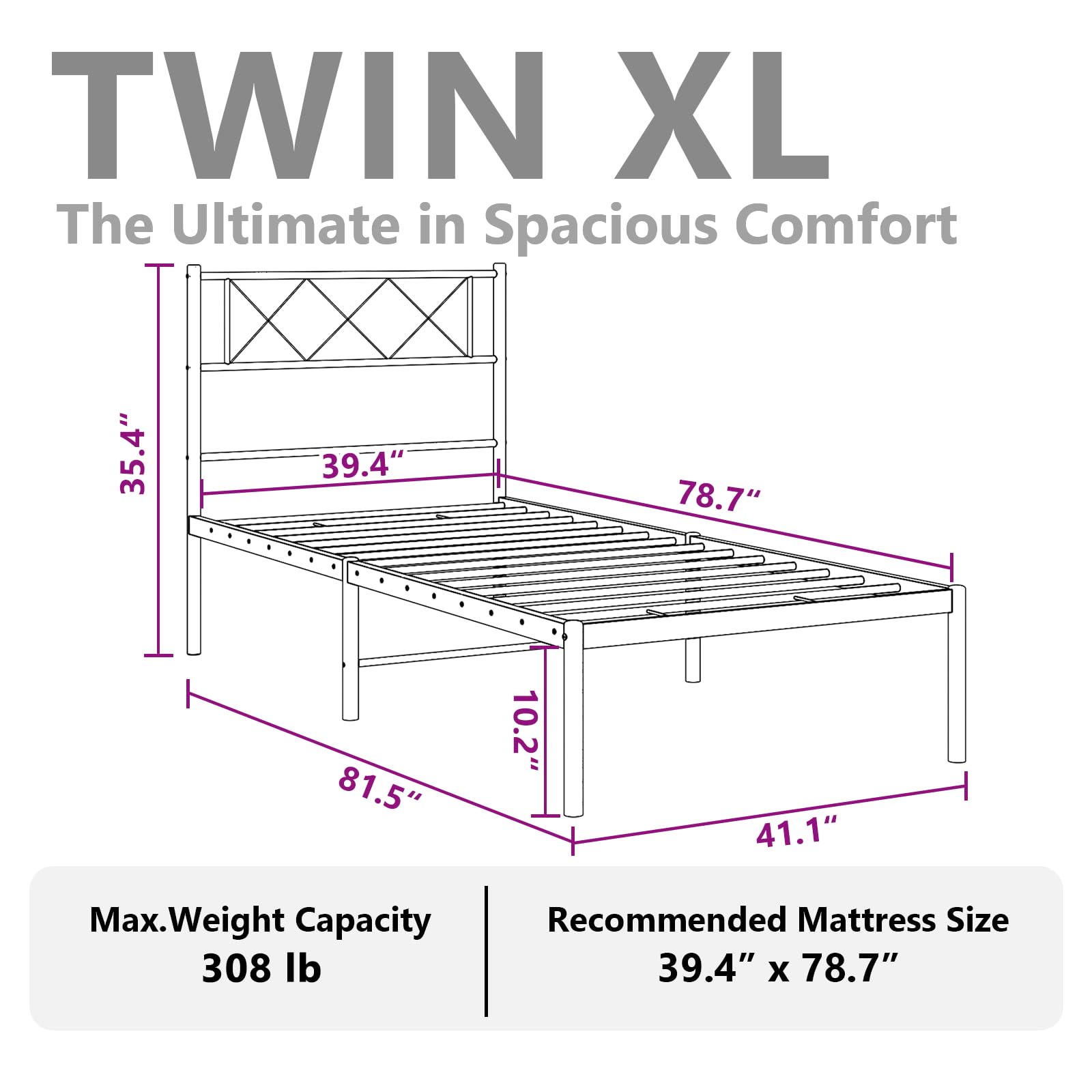 vidaXL 12'' Metal Twin XL Bed Frames with Headboard, Platform Bed Frame with Strong Metal Slats Support, Under Bed Storage, Noise Free, White, Without Mattress