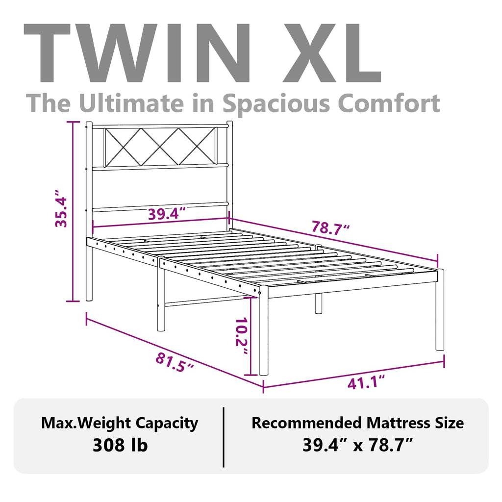 vidaXL 12'' Twin XL Metal Bed Frame with Headboard, Black, Noise-Free, Strong Slats, Under-Bed Storage, No Mattress Included