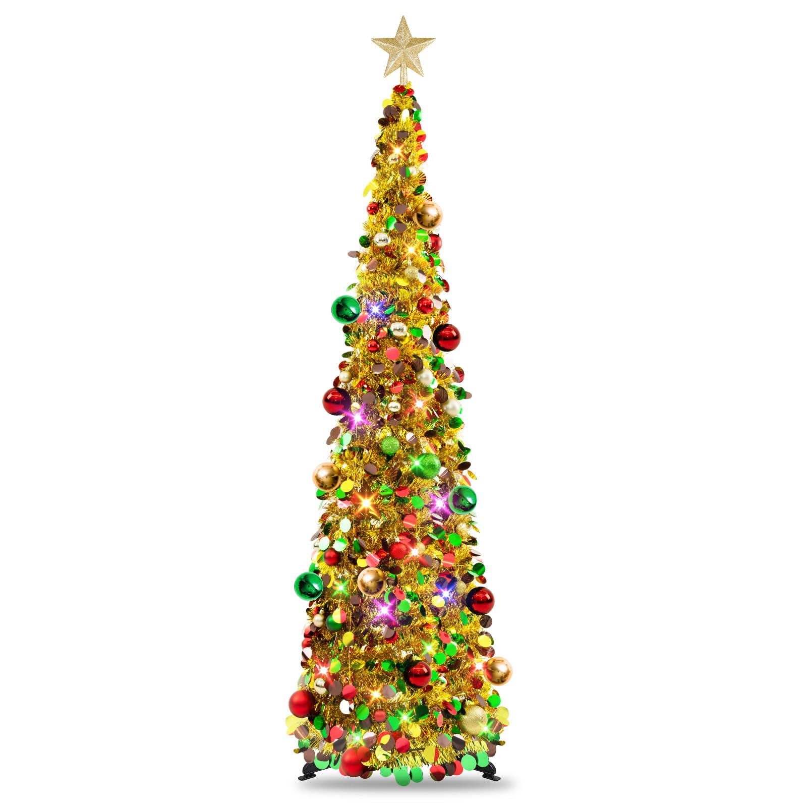 N&T NIETING Pop Up Christmas Tree with Lights & 30 Balls, 5Ft Collapsible Gold Mix Tinsel Christmas Tree Decorations, Pencil Chr