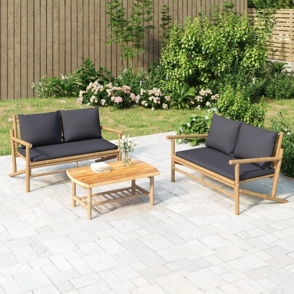 vidaXL Bamboo Patio Bench with Comfortable Dark Gray Cushions and Armrests - Durable Outdoor Garden Seat with Backrest - Lightweight, Easy to Move
