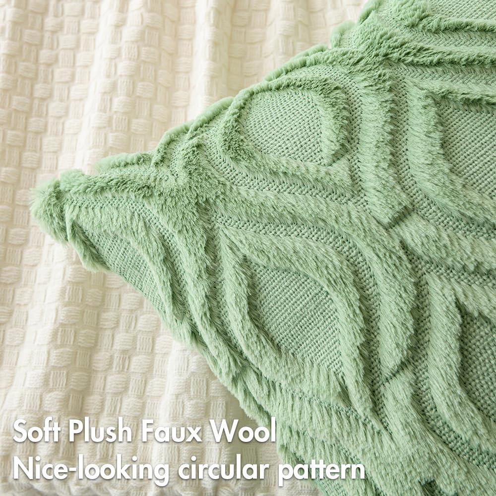 Miulee Sage Green Throw Pillow Covers 20X20 Inch, Soft Spring Plush Faux Wool Couch Pillow Covers Set Of 2 Decorative Farmhouse Boho Throw Pillows For Sofa Living Room Bed