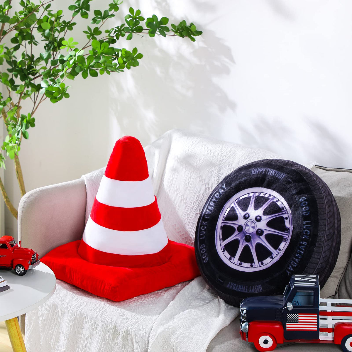 2 Pcs Racing Room Pillow Decorations Set 15.7 Inch Big Creative 3D Simulation Wheel Pillow Funny Traffic Cone Traffic Light And