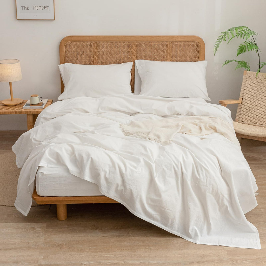 Bestouch Sheet Set 100% Washed Cotton Linen Feel Super Soft Comfortable Chic Lightweight 4 Pcs Home Bedding Set Solid Off White