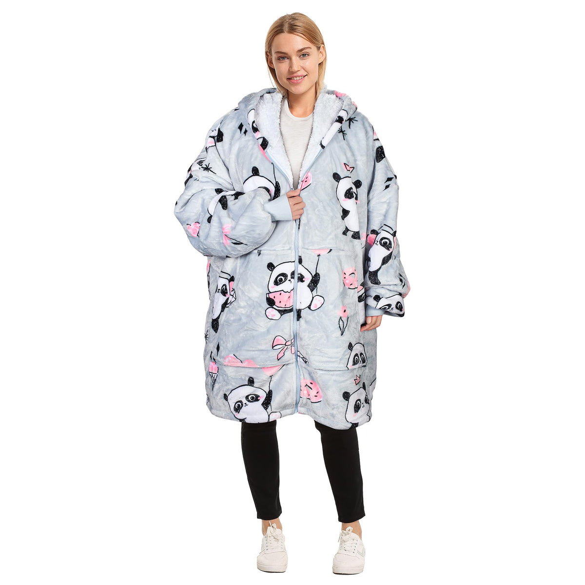 Catalonia Girl Panda Grey Zip Up Blanket Hoodie Sweatshirt, Oversized Sherpa Pullover Jacket Coat For Men Women, Comfortable Gif