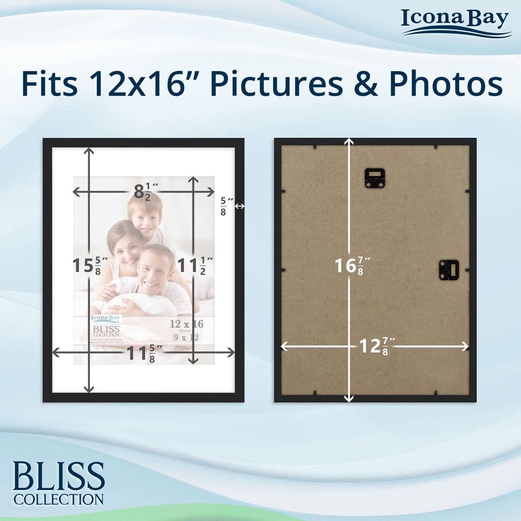 Icona Bay 12X16 Black Picture Frame Fits 11X15 Photos With Mat To 9X12 Image, Modern Style Wood Composite Poster Frame, Wall Mou