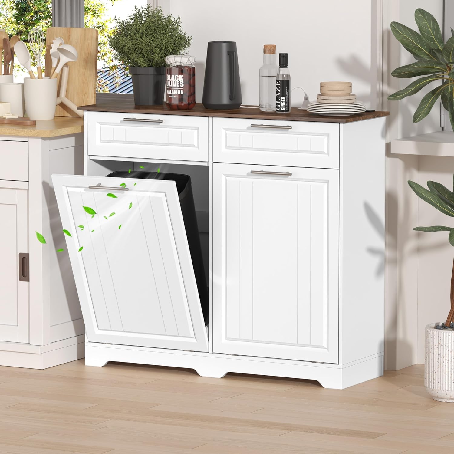 METOTI Double Tilt Out Trash Can Cabinet with Deodorizing Function & Charging Station, 2 x 10 Gallon Hidden Laundry Hamper Cabin