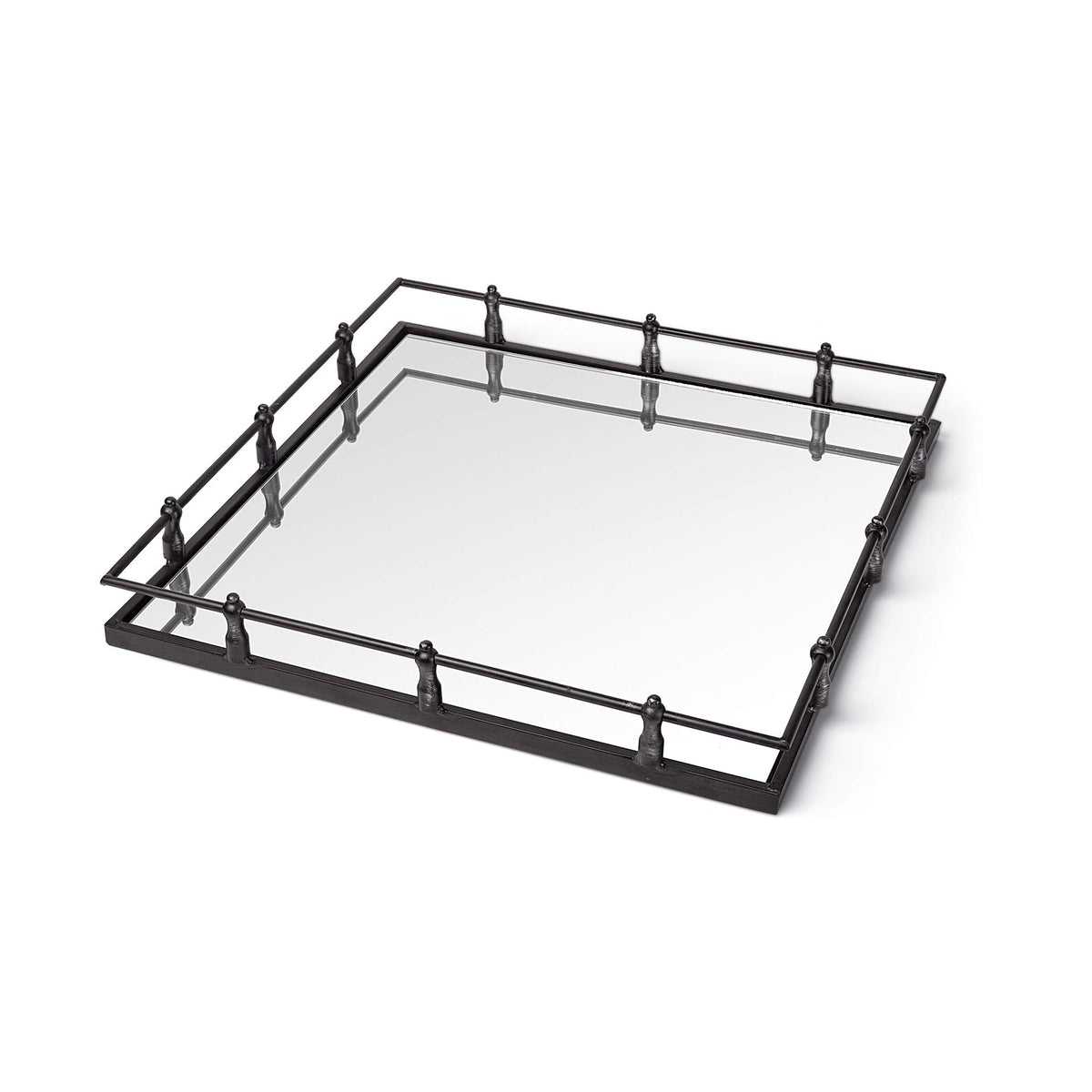 HomeRoots Silver Natural Finish Metal with Mirrored Glass Bottom and Railing Handle Tray