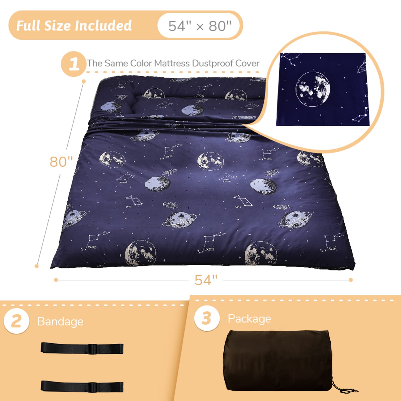 Navy Space Adventure Japanese Floor Futon Mattress, Thicken Tatami Mat Sleeping Pad Foldable Bed Roll Up Mattress Floor Lounger Bed Couches And Sofas For Kids Full Size