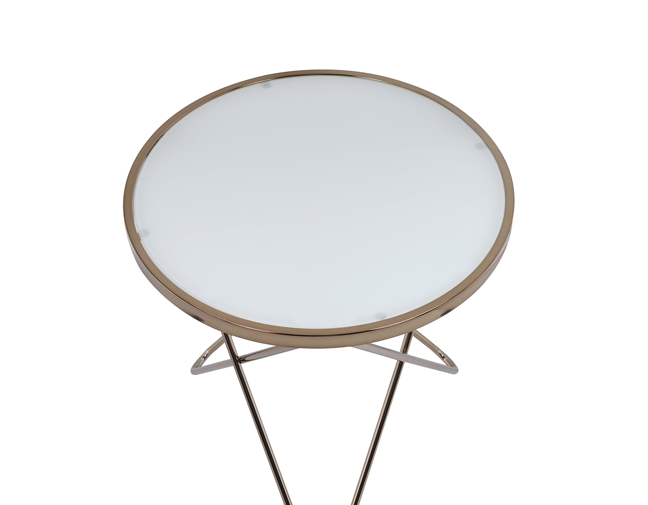 Acme Valora Round Glass Top End Table In White Glass And Gold