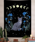 Witchy Cat Moon Phase Vertical Tapestry, Aesthetic Blue Rose Floral Animal Tarot Tapestry Wall Hanging For Bedroom, Trippy Black