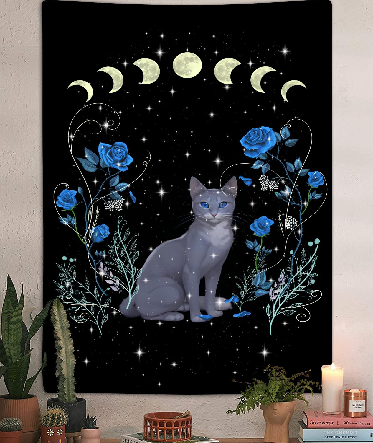 Witchy Cat Moon Phase Vertical Tapestry, Aesthetic Blue Rose Floral Animal Tarot Tapestry Wall Hanging For Bedroom, Trippy Black