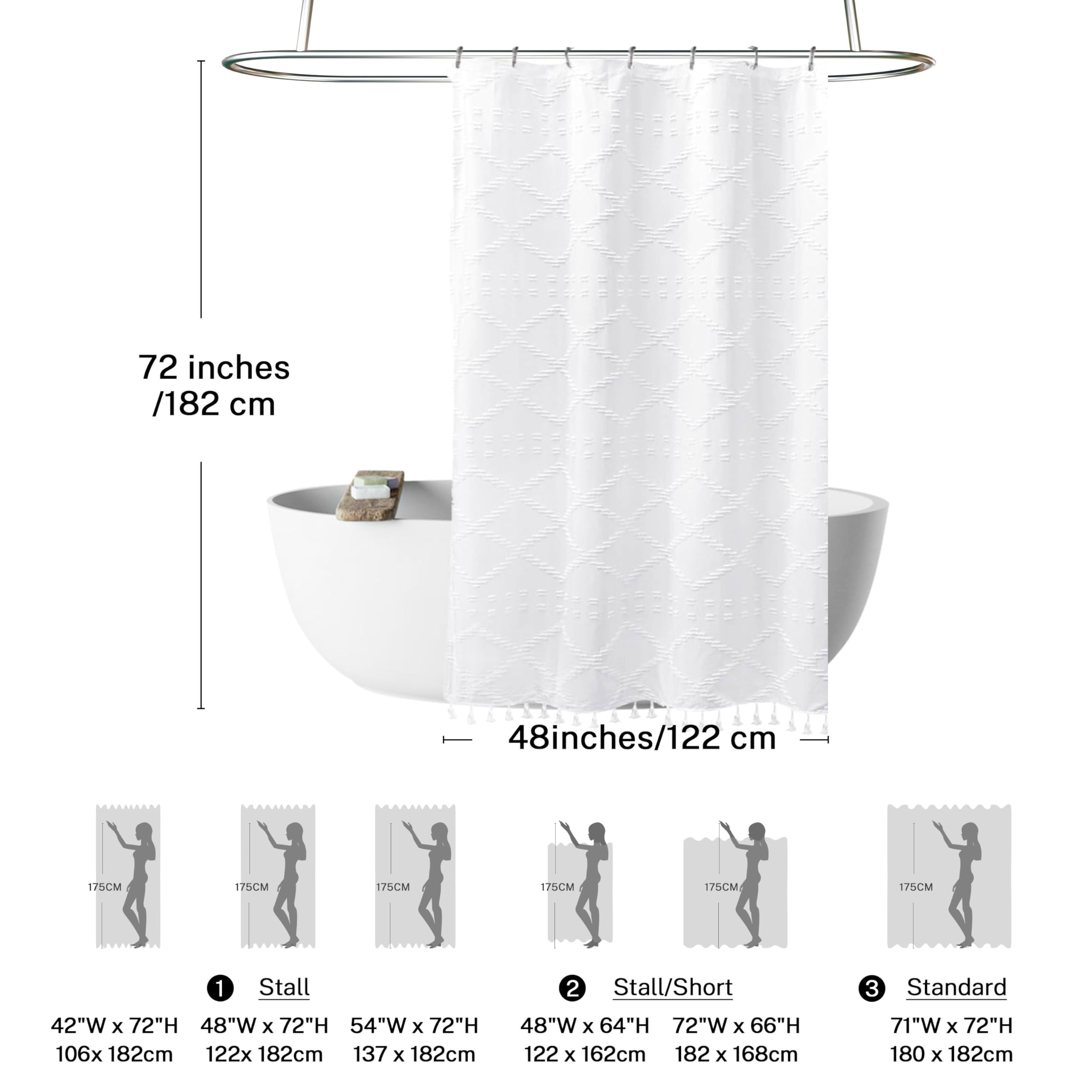 Stall Boho White Woven Fabric Shower Curtain With Tassels 48 X 72 Modern Farmhouse Minimalist Tufted Chevron Striped Shabby Chic