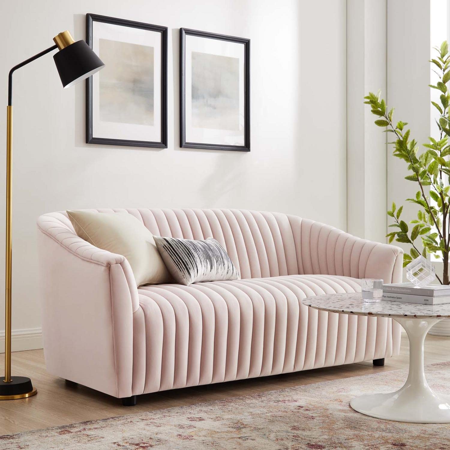Modway Announce Modern Performance Velvet Channel Tufted Loveseat In Pink