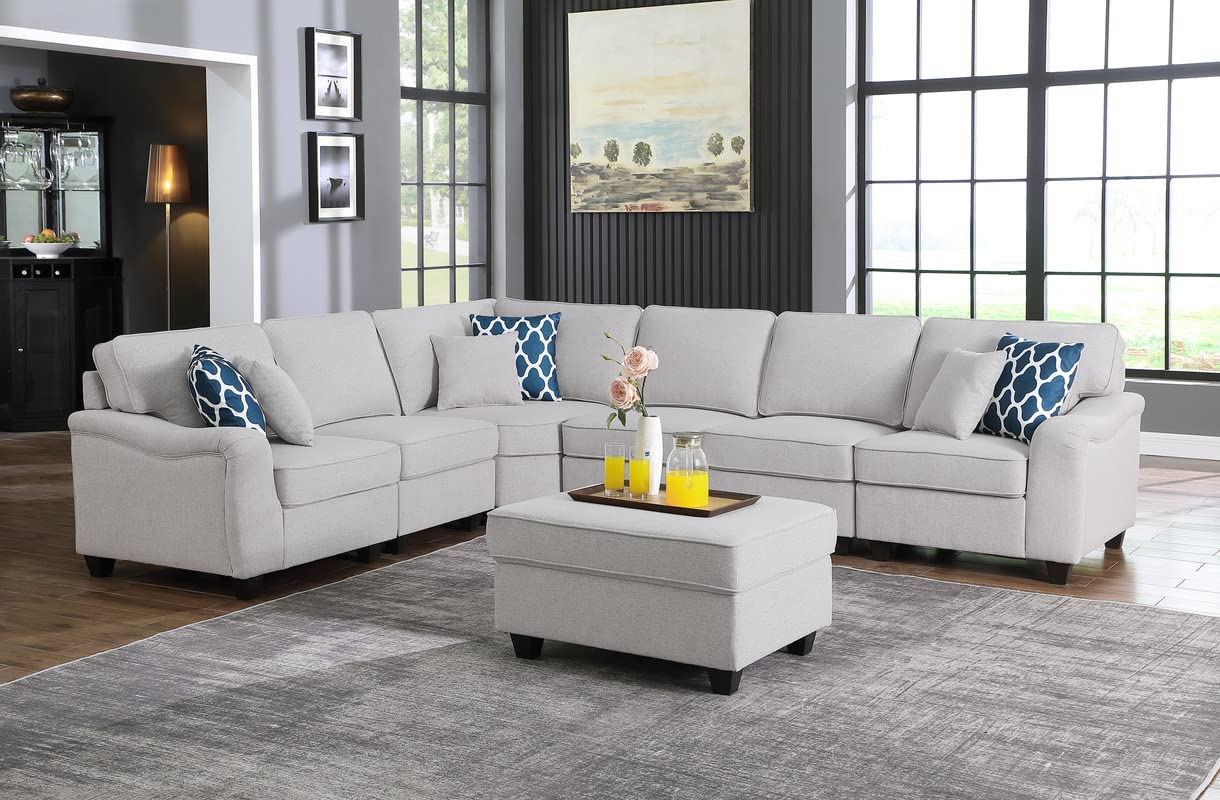 Lilola Home 7 Piece Modular L-Shape Sectional Sofa with Ottoman, Light Gray