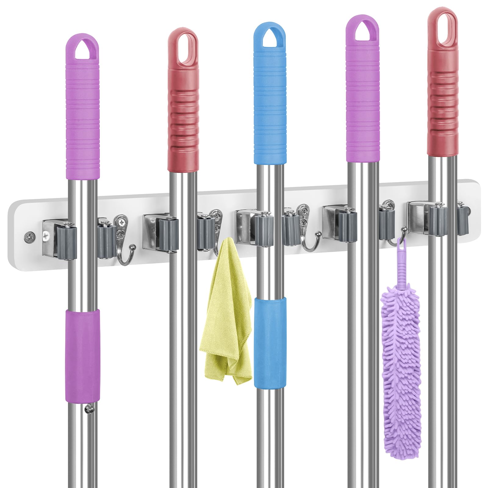 Imillet Broom Holder Wall Mount, Wood Broom Holder With 5 Racks And 4 Hooks Broom Organizer, Laundry Room Organization And Stora