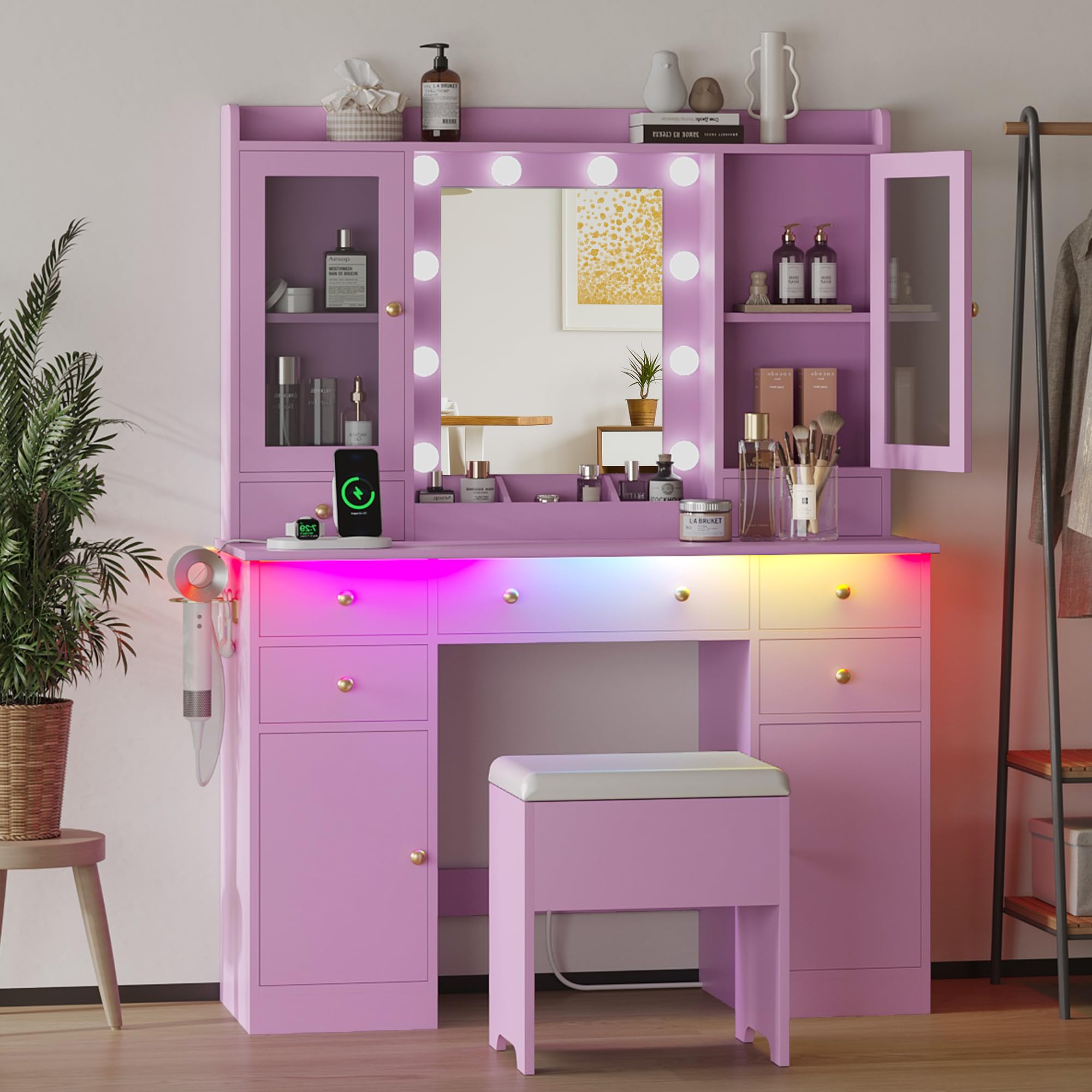 Makeup Vanity Desk with Mirror and Lights, Purple Vanity Table Set with Storage Drawers, Charging Station, Cabinet & Chair, Larg