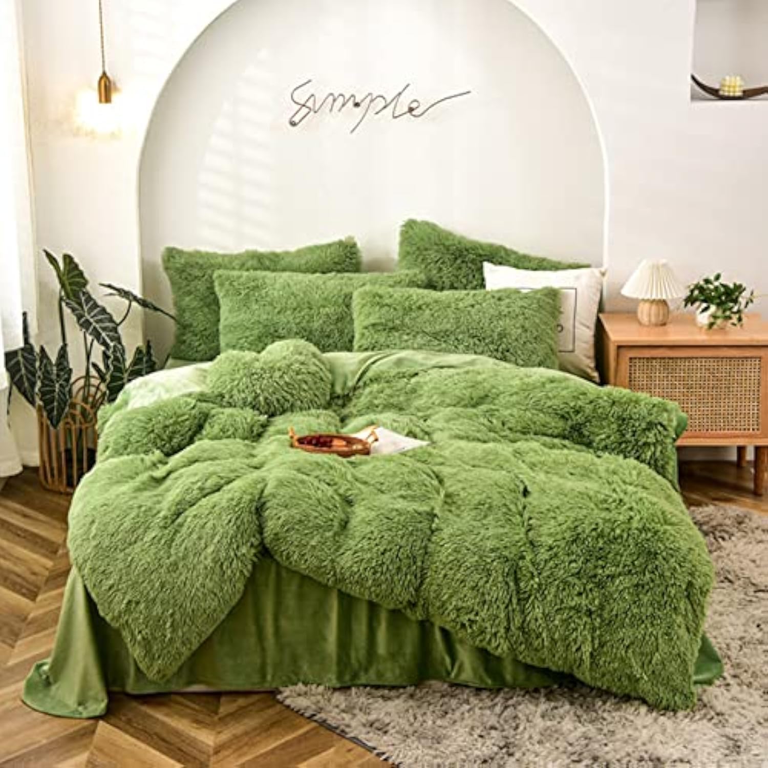 Gusuhome Fluffy Duvet Cover Set Full Size Green Ultra Soft Shaggy Fluffy Comforter Cover Set Fuzzy Quilt Cover Set Bedding Set 3