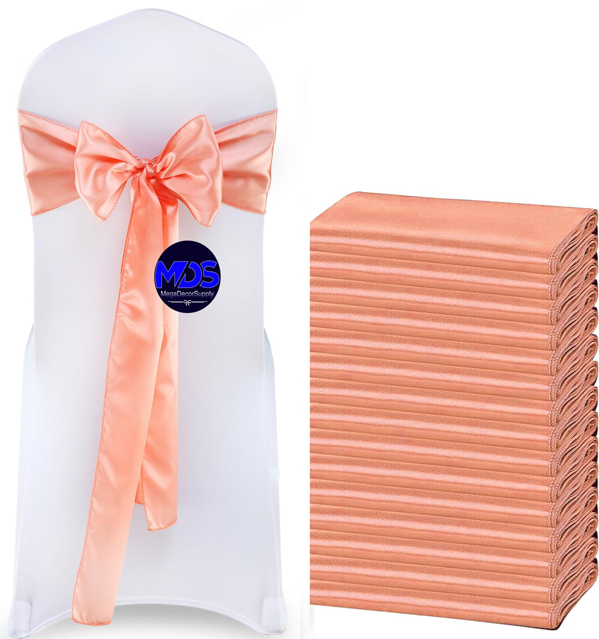 Mds Pack Of 25 Pcs Satin Chair Sashes Charmeuse Sateen Dining Chair Bows Ribbon Ties Back Sash For Wedding Party Birthday Home Hotel Restaurant Banquet Decoration (7 X 108 Inch, Peach)