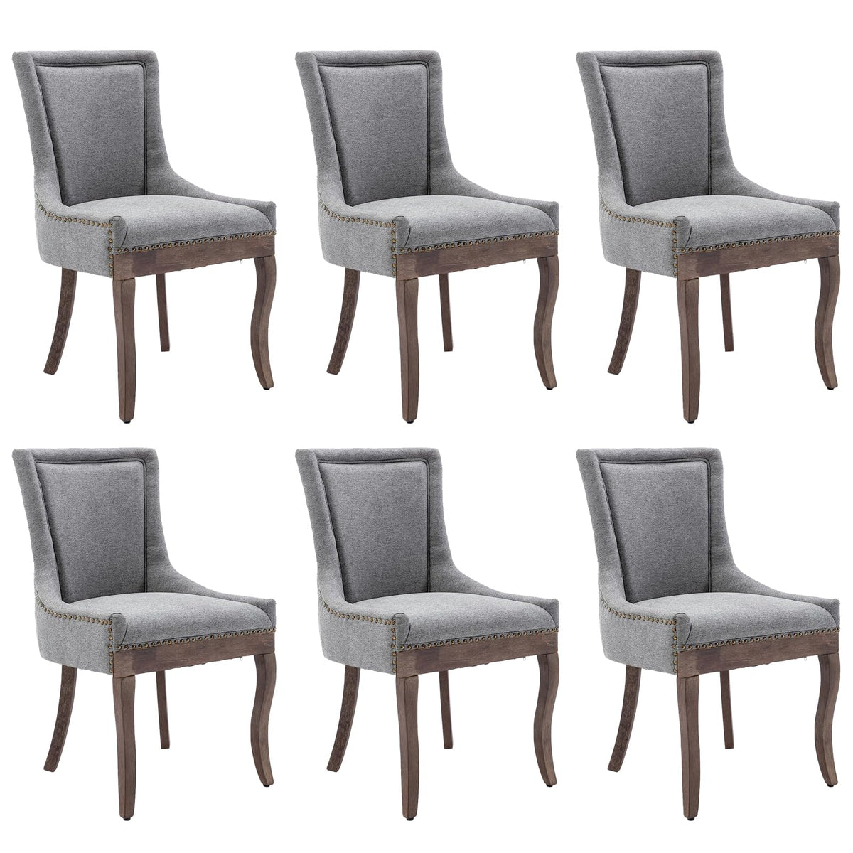 Aoowow Fabric Vintage Upholstered Side Chairs Set Of 6, Farmhouse Solid Wood Kitchen Dining Room Chairs With Nailheads Solid Woo