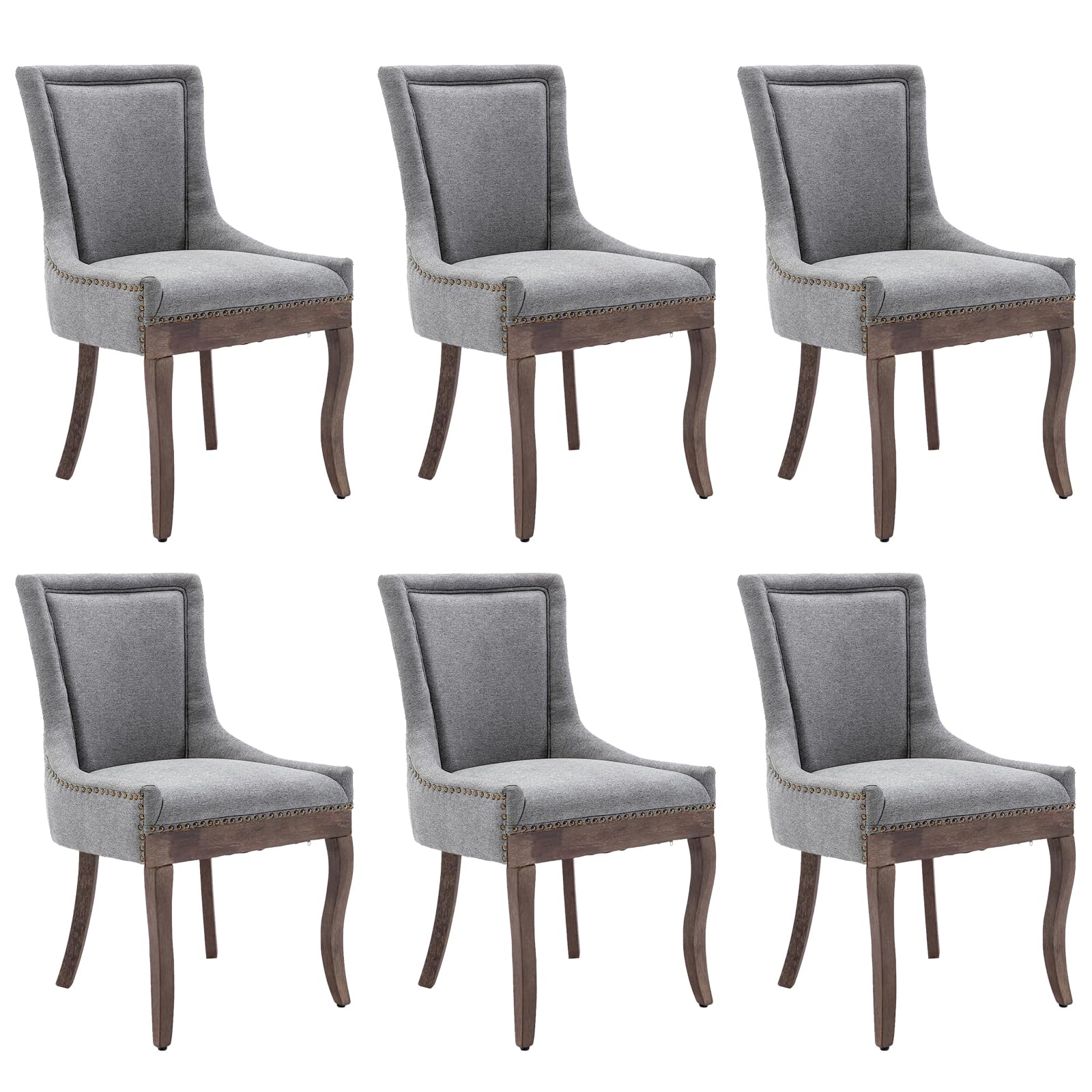 Aoowow Fabric Vintage Upholstered Side Chairs Set Of 6, Farmhouse Solid Wood Kitchen Dining Room Chairs With Nailheads Solid Woo