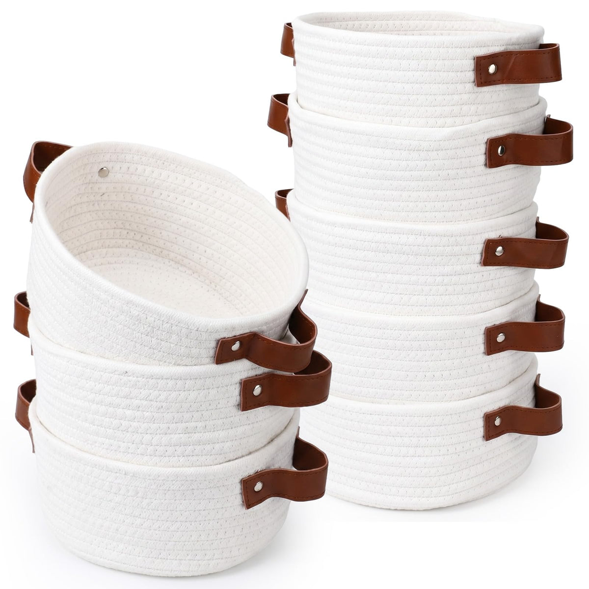 Singhoow 8 Pack Small Woven Baskets Bulk, Cotton Cute Mini Rope Storage Bins with Leather Handles, Tiny Decorative Boho Round Em