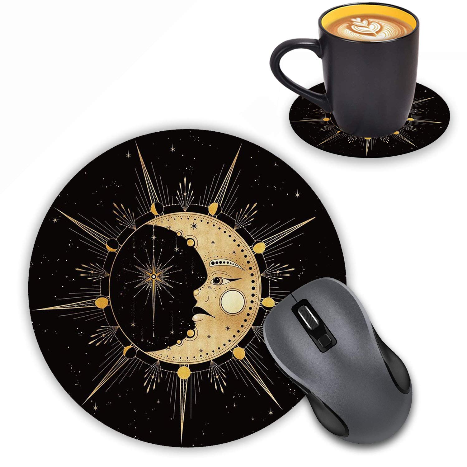 Loworo Round Mouse Pad With Coasters Set, Celestial Theme Sun With Crescent Moon Midnight Art Mouse Pad Non-Slip Rubber Mousepad