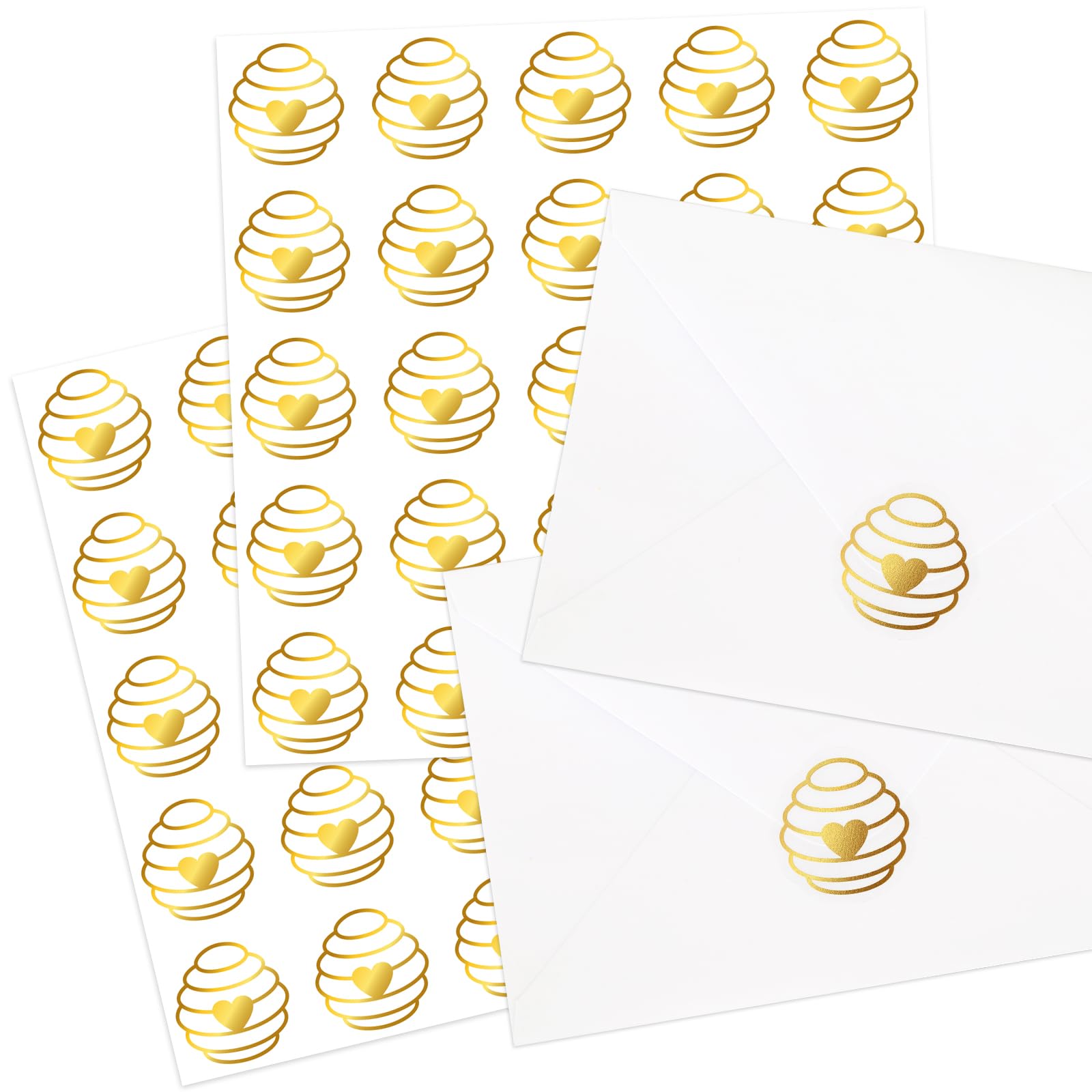 Whaline 500Pcs Honeycomb Heart Stickers Gold Foil Envelope Seal Stickers Valentine'S Day Honeycomb Bee Heart Shap Self-Adhesive
