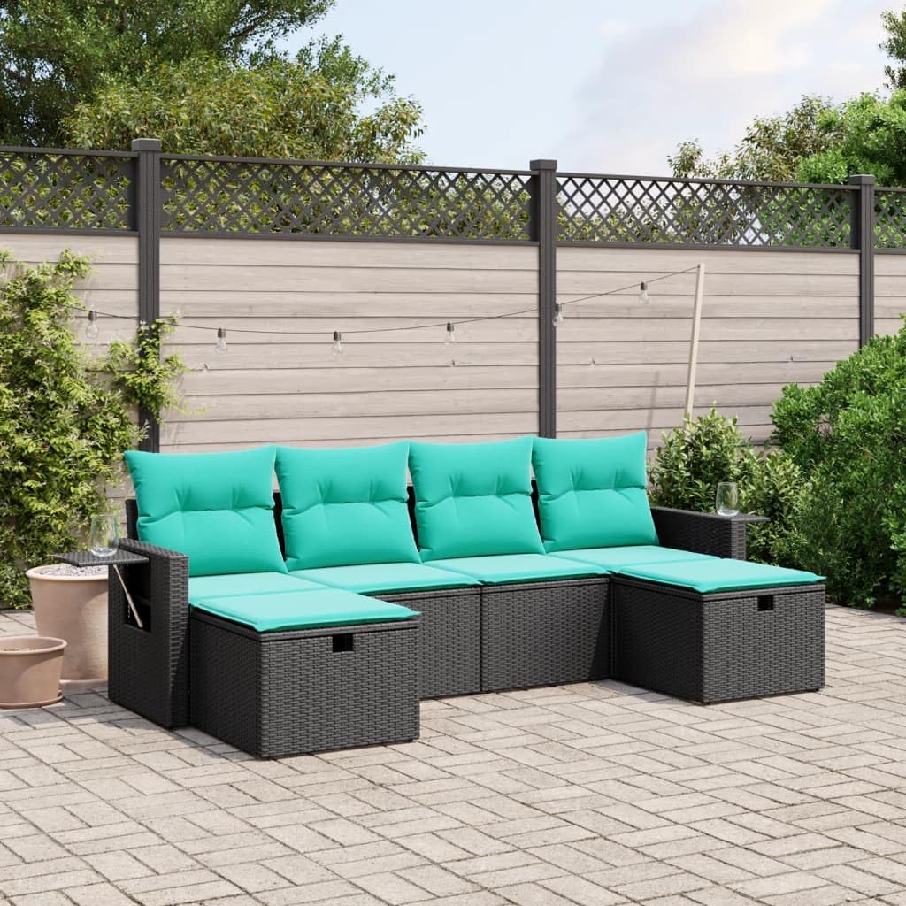 vidaXL Patio Sofa Set with Cushions - 6 Piece Black Poly Rattan Outdoor Furniture for Garden/Terrace