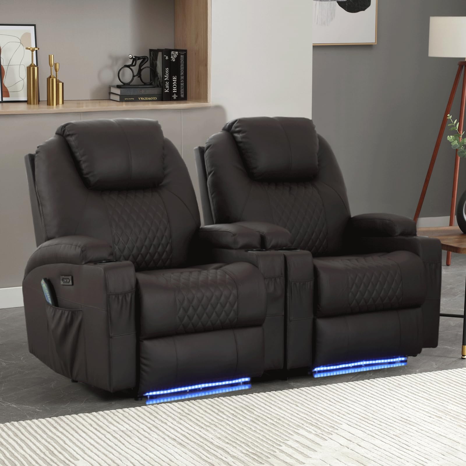 Power Recliner Chair With Heat And Massage For Adults - Home Theater Seating With Led Lights,Cup Holders,Side Pocket,Usb Port -
