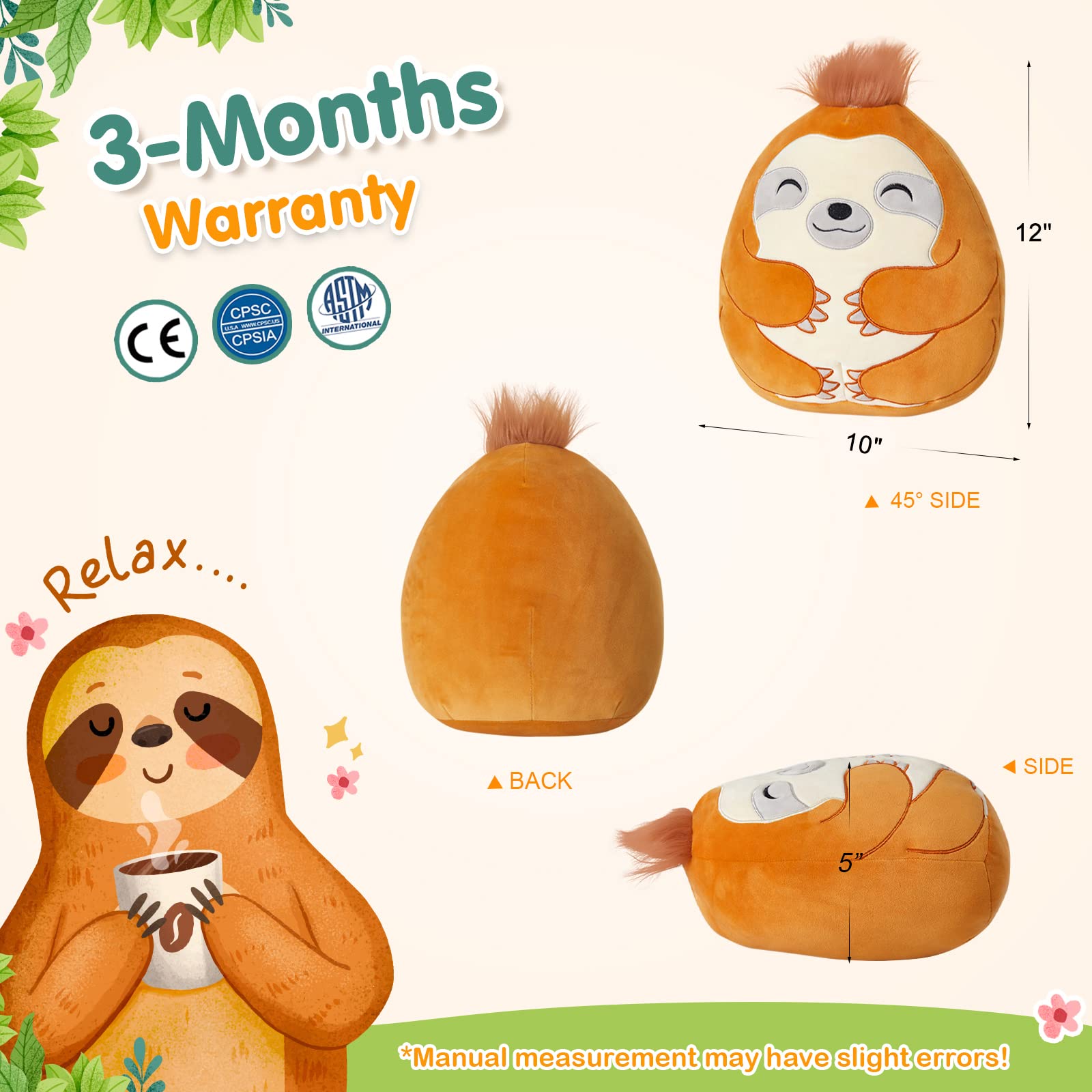 Bstaofy 12' Cute Sloth Soft Plush Pillow Sloth Stuffed Animal Cushion Nap Pillow Birthday Valentines For Boys Girls