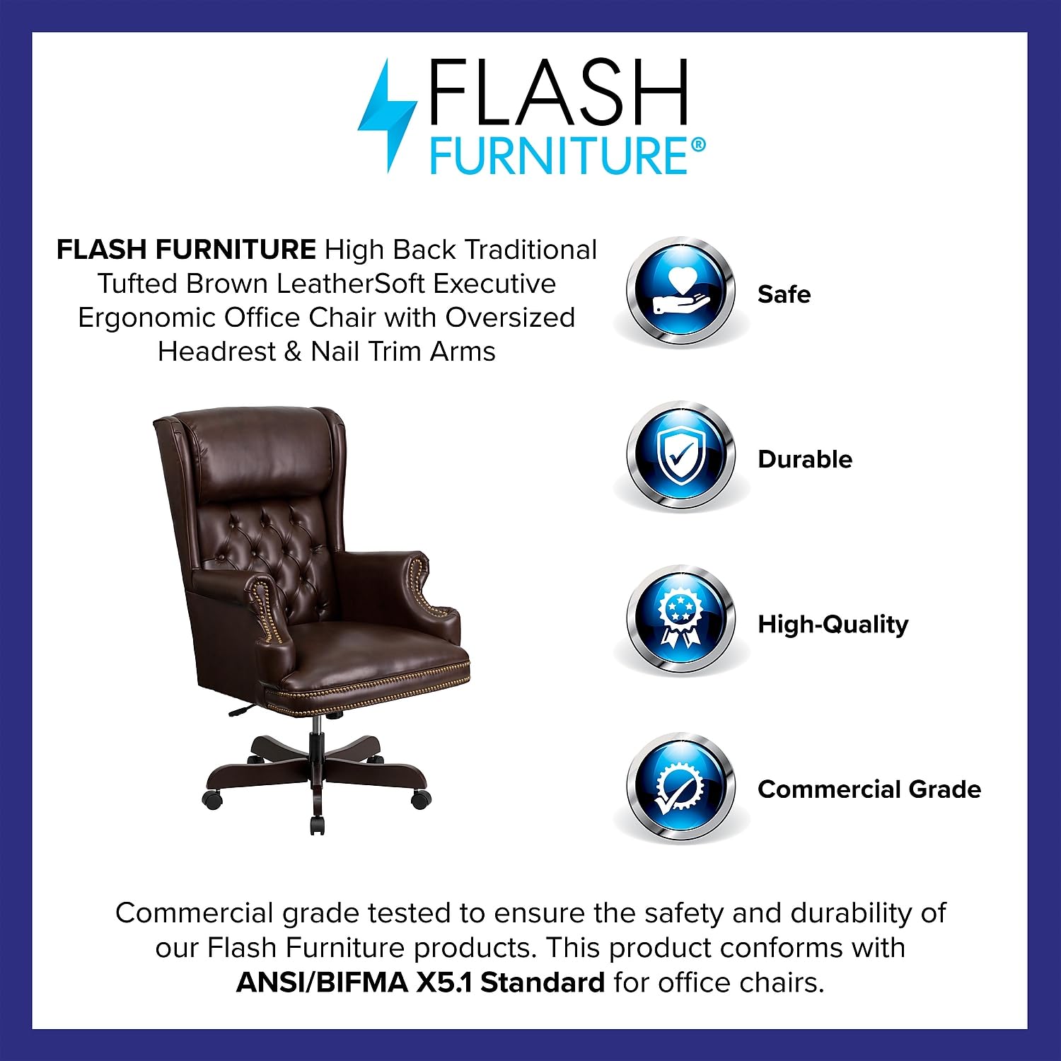 Flash Furniture High Back Traditional Tufted Brown LeatherSoft Executive Ergonomic Office Chair with Oversized Headrest & Nail Trim Arms
