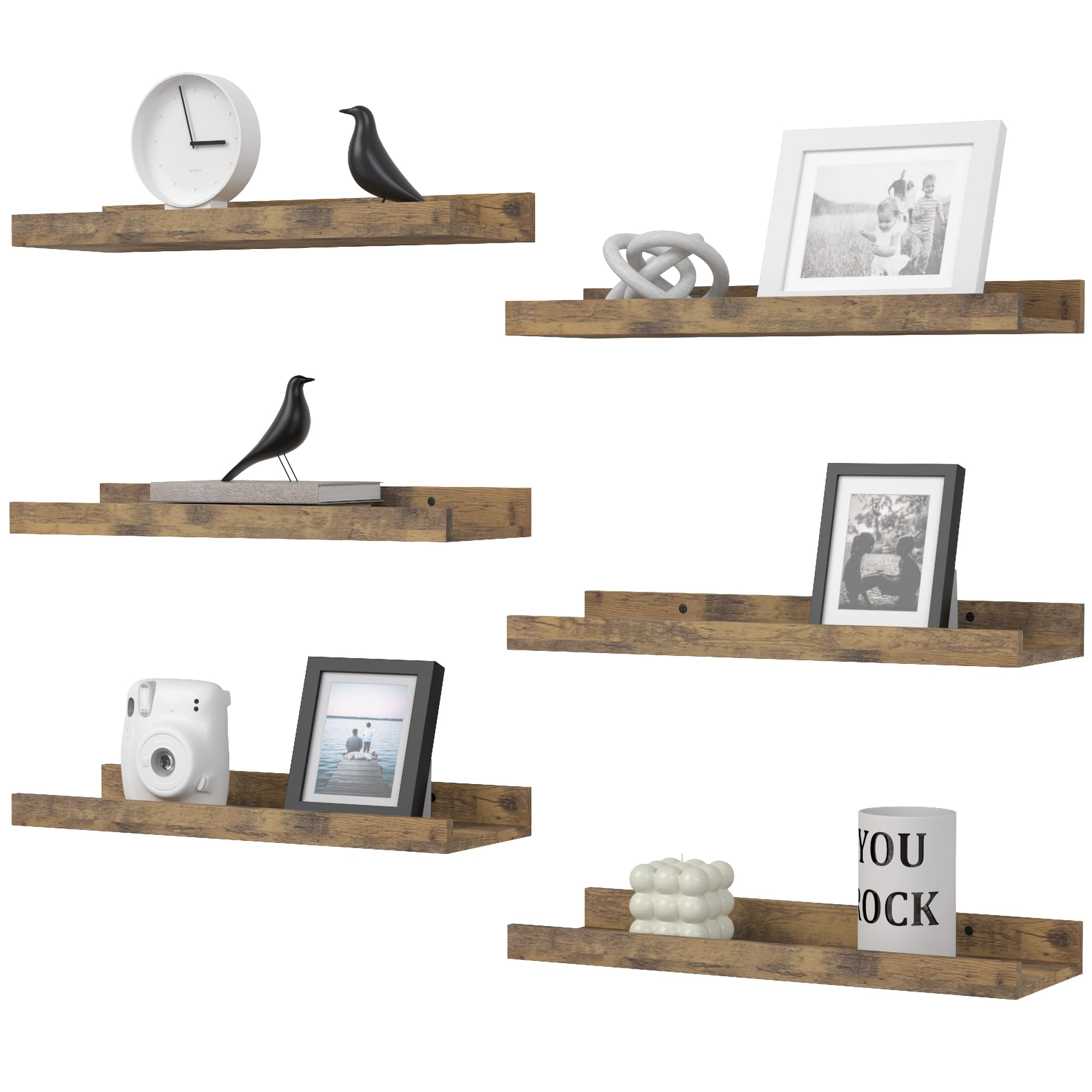 DOLLFIO Floating Shelves Set of 6, Farmhouse Wall Shelves with Lip, Display Shelves for Wall Decor, Rustic Picture Ledge for Liv