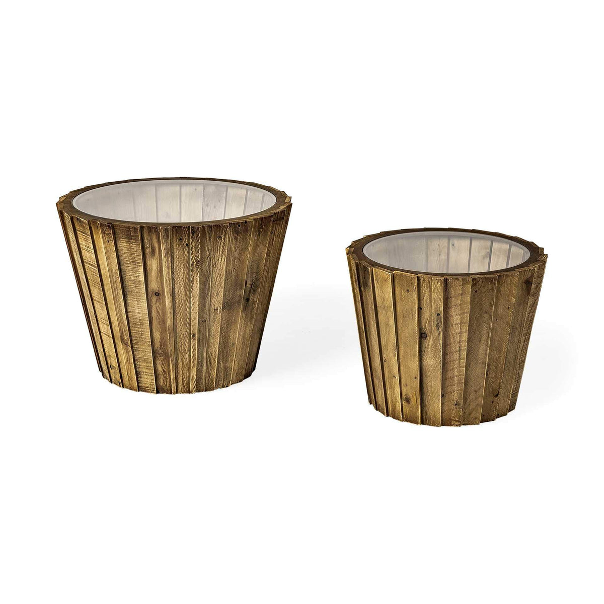 HomeRoots Set of 2 Light Brown Wood Accent Tables with Glass Round Top