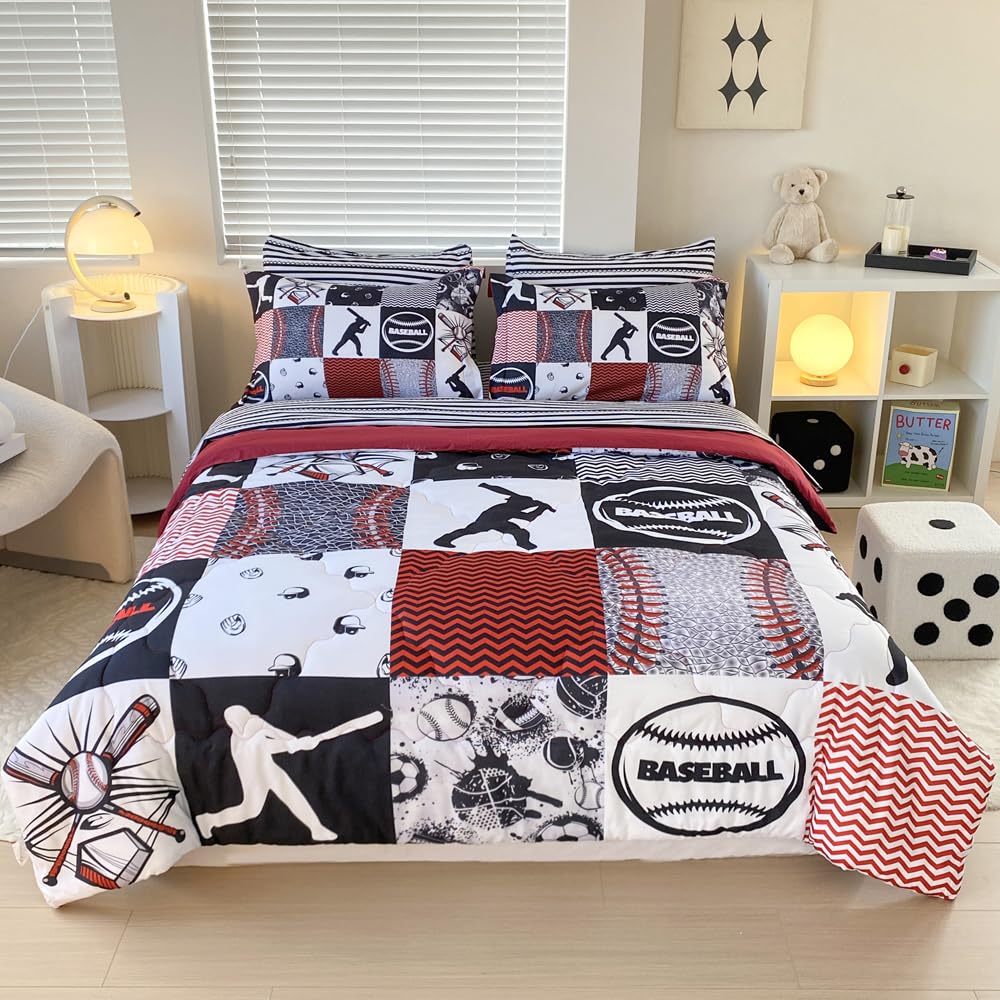 Gusuhome 7 Piece Baseball Comforter Set Bed In A Bag Queen Size 3D Softball Sports Bedding Set For Boys Kids Microfiber Comforte