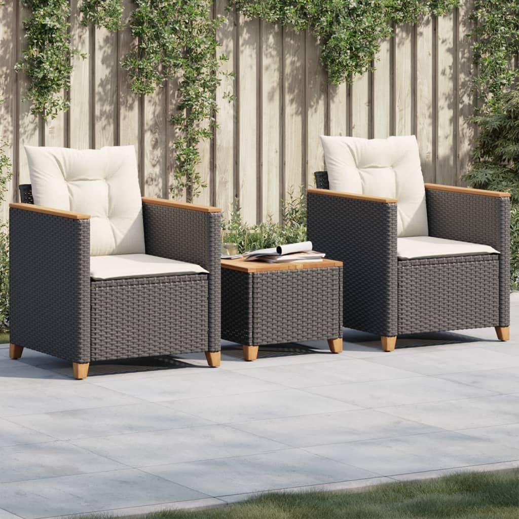 vidaXL 3-piece Bistro set with cushions poly rattan and acacia wood black