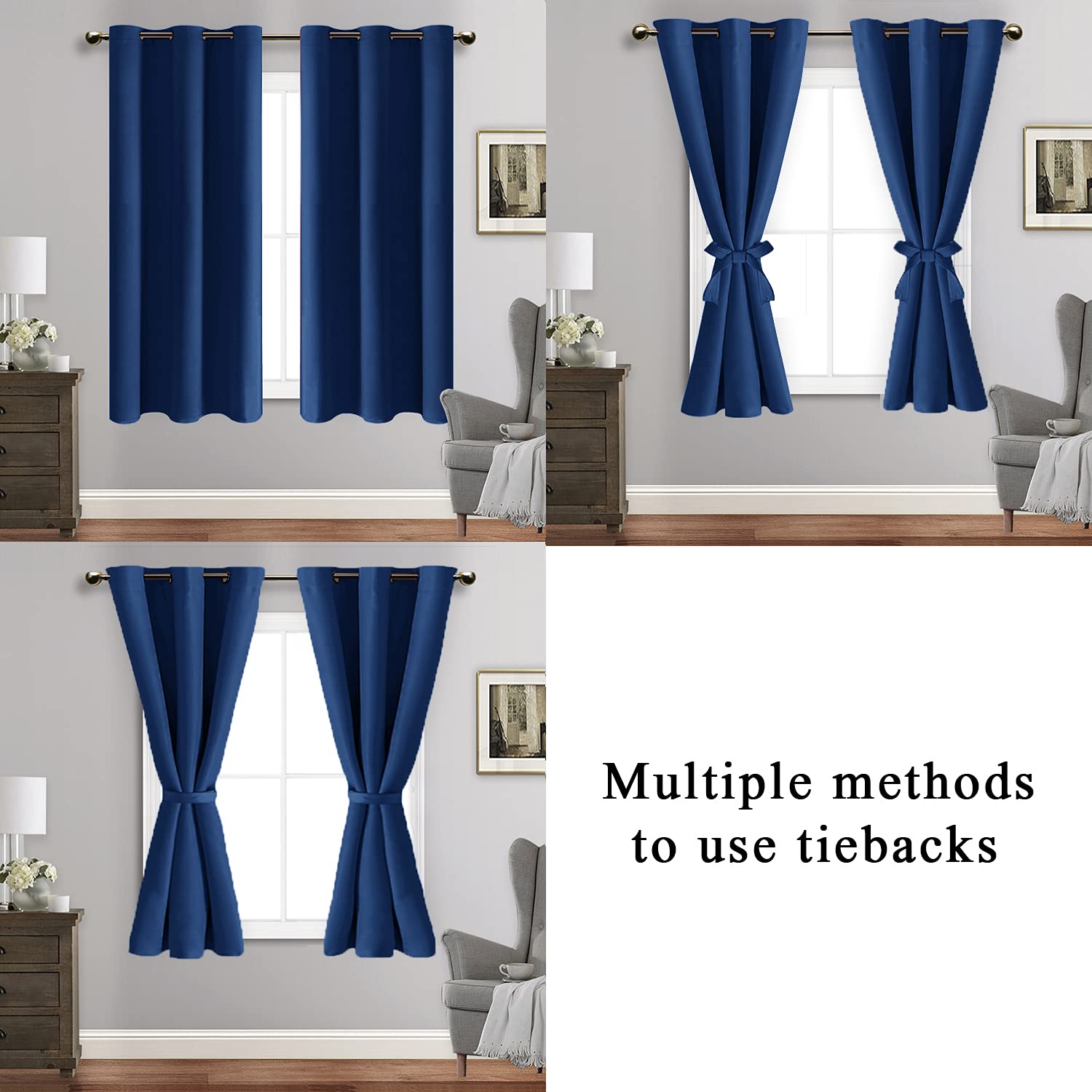 Jiuzhen Blackout Curtains For Bedroom - Thermal Insulated Room Darkening Rod Pocket Curtains For Living Room, Set Of 2 Panels With Tiebacks,38X45 Inch Length, Classic Blue