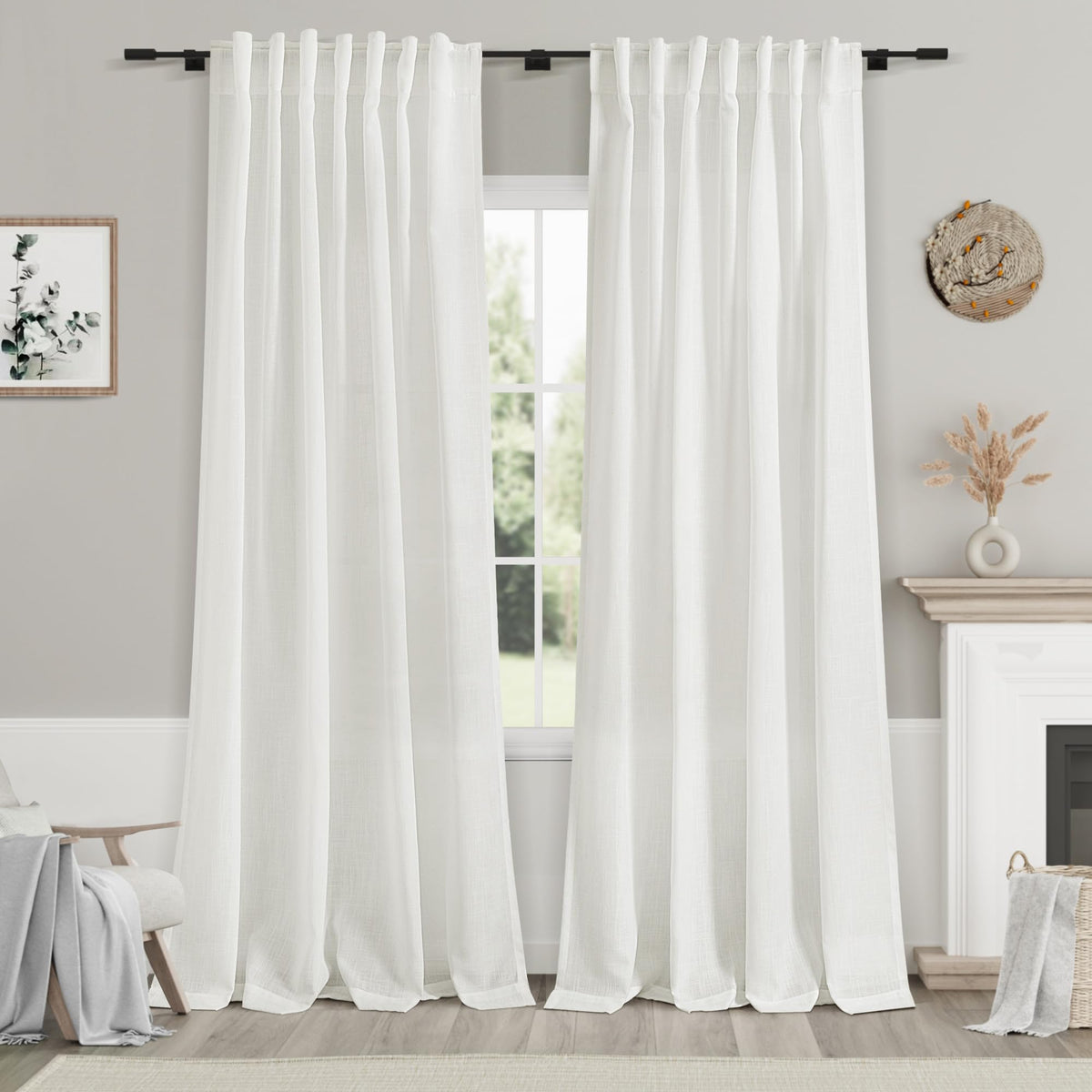 Ivory Semi Sheer Curtains 84 Inch Length 2 Panels Set Back Tab Pocket Flax Linen Cotton Textured Curtains For Living Room Dining