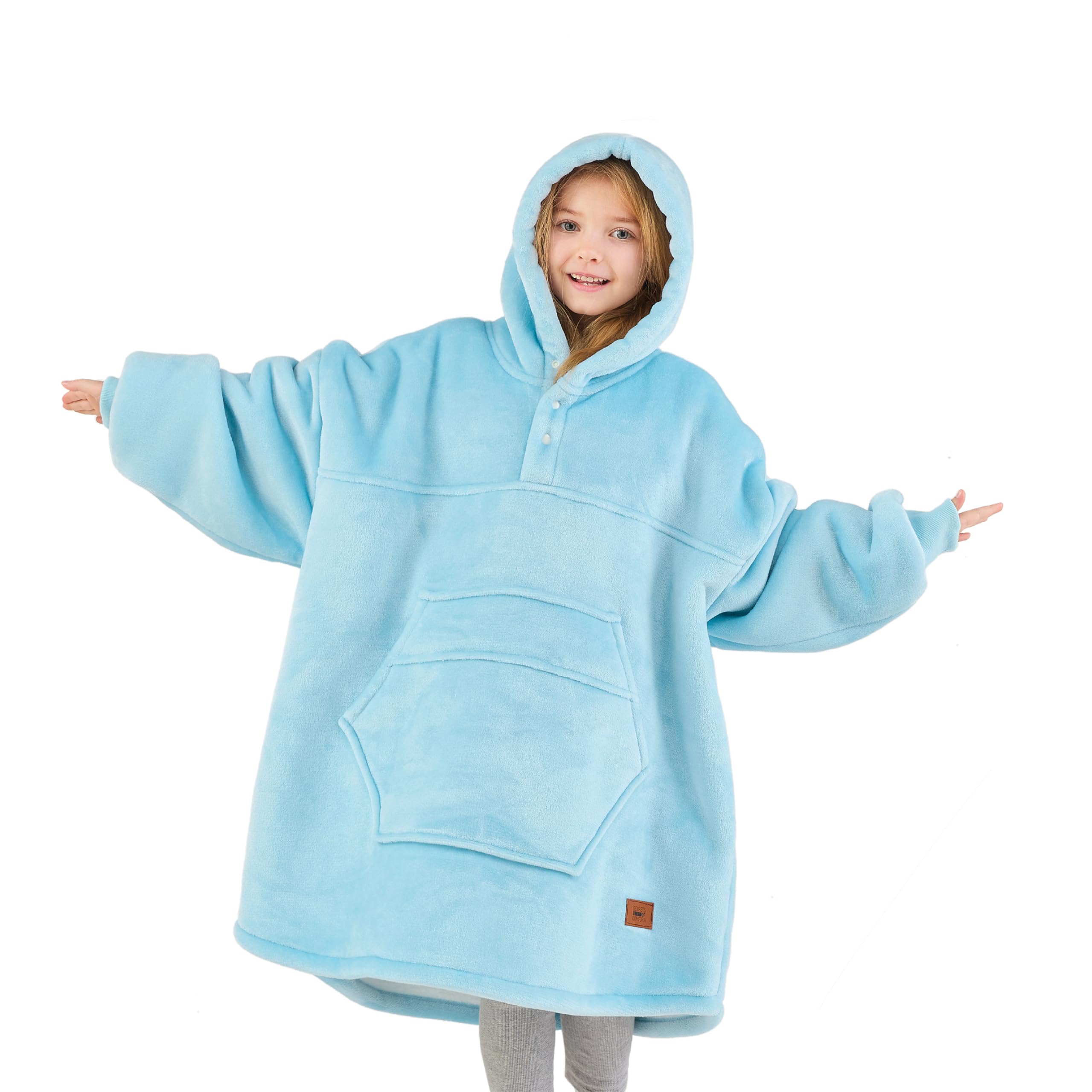 Degrees Of Comfort Wearable Blanket Hoodie For Kids, Sherpa Lined Hooded Blankets Sweatshirt With Pockets, Sky Blue, One Size Fi