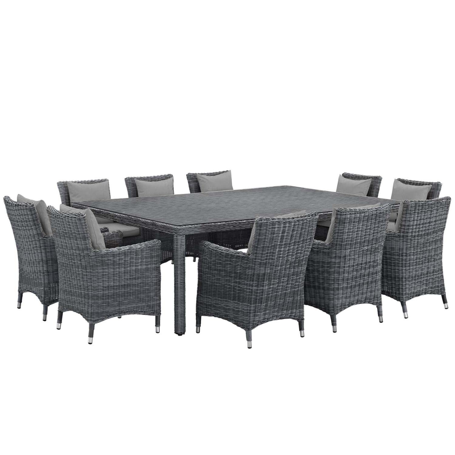 Modway Summon Wicker Rattan Aluminum Outdoor Patio 11-Piece 91" Dining Table And Dining Armchairs With Sunbrella® Fabric Cushions In Canvas Gray