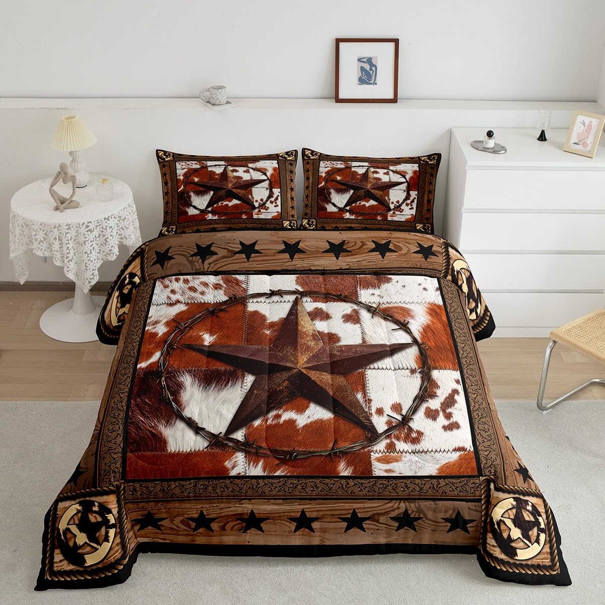 Western Cowboy Kids Comforter Set Full Size,Western Texas Star Cow Fur Patchwork Bedding Set,Boys Girls Adults Room Decor,Wooden