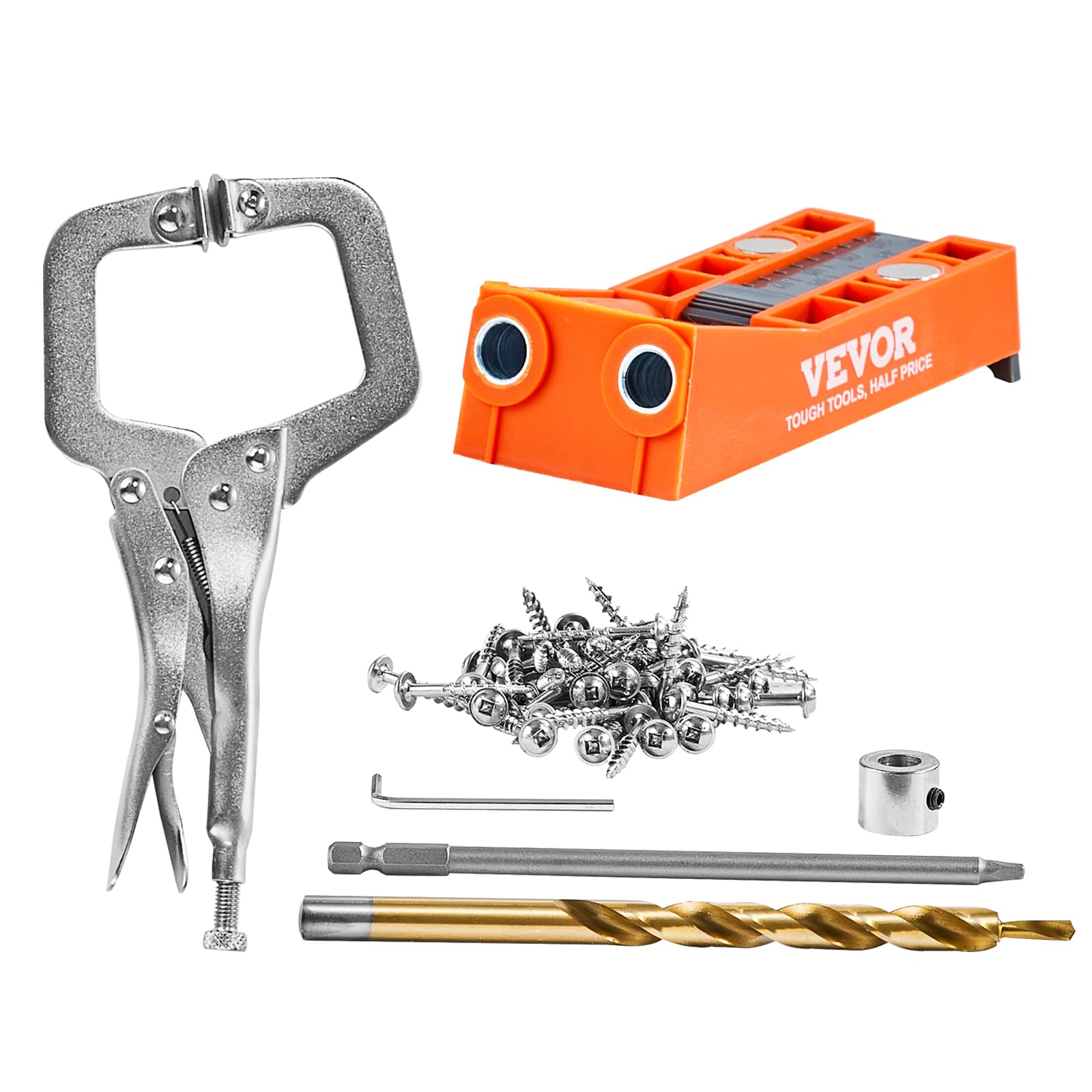 VEVOR Pocket Hole Jig, 56 Pcs Mini Jig Pocket Hole System with 9'' C-clamp, Step Drill, Wrench, Drill Stop Ring, Square Drive Bi