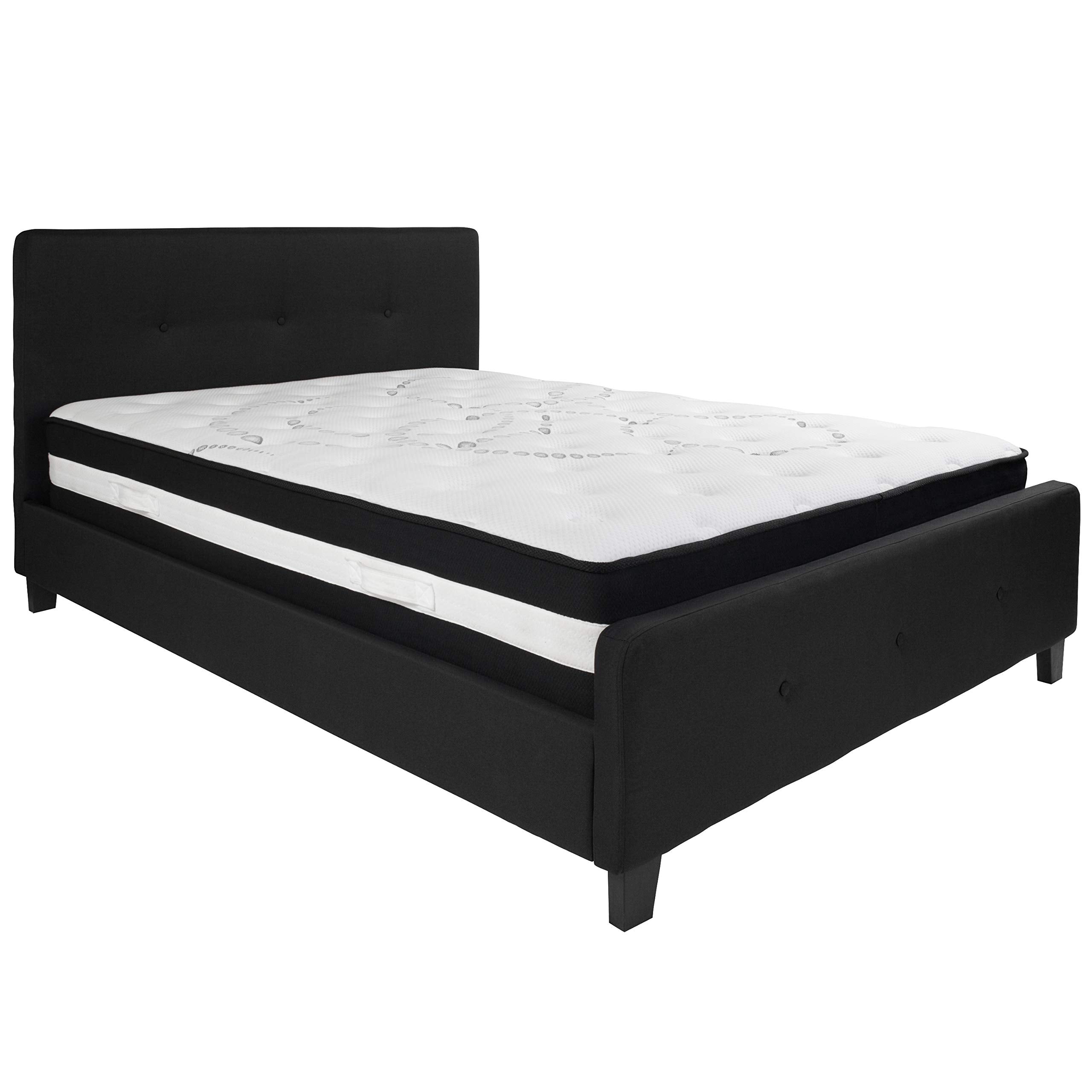 Flash Furniture Tribeca Queen Size Tufted Upholstered Platform Bed in Black Fabric with Pocket Spring Mattress