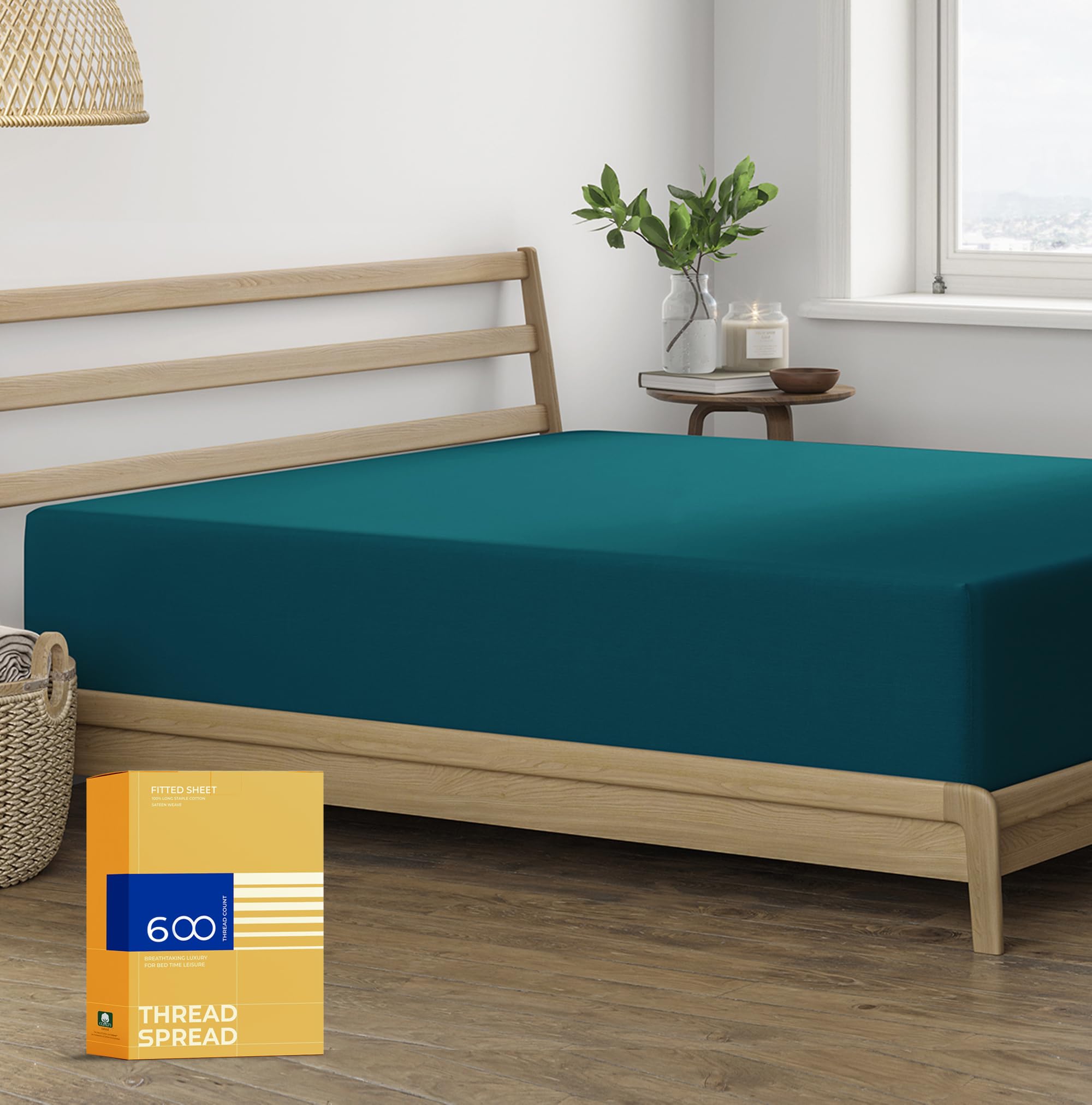 Thread Spread 100% Egyptian Cotton Fitted Sheet Twin Size - 600 Thread Count 16' Deep Pocket Twin Fitted Sheet Only, Soft Cooling Sateen Elastic Bottom Sheet, Fits College Dorm Mattress, Teens - Teal