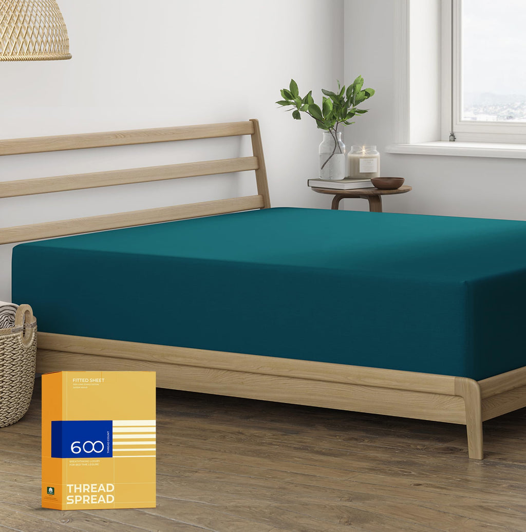 Thread Spread 100% Egyptian Cotton Fitted Sheet Twin Size - 600 Thread Count 16' Deep Pocket Twin Fitted Sheet Only, Soft Cooling Sateen Elastic Bottom Sheet, Fits College Dorm Mattress, Teens - Teal