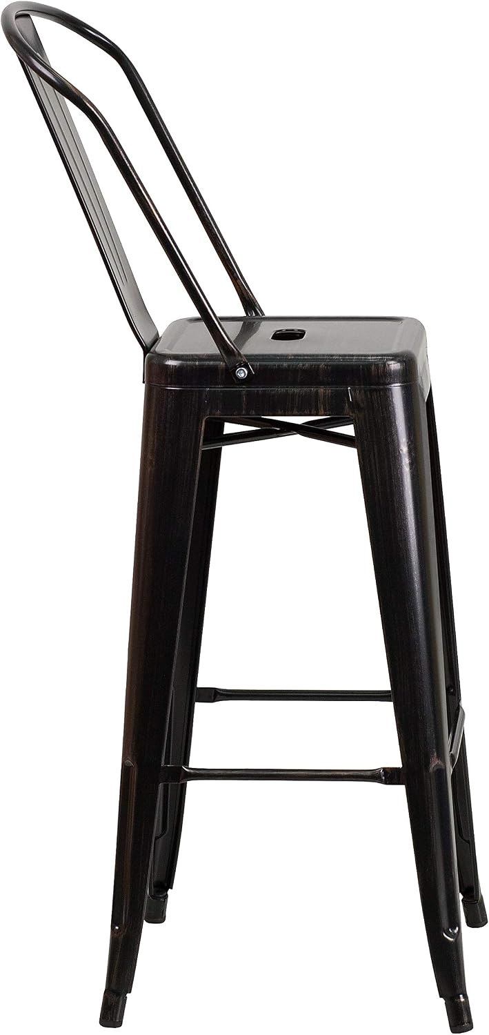 Commercial Grade 30 High Black-Antique Gold Metal Indoor-Outdoor Barstool with Removable Back
