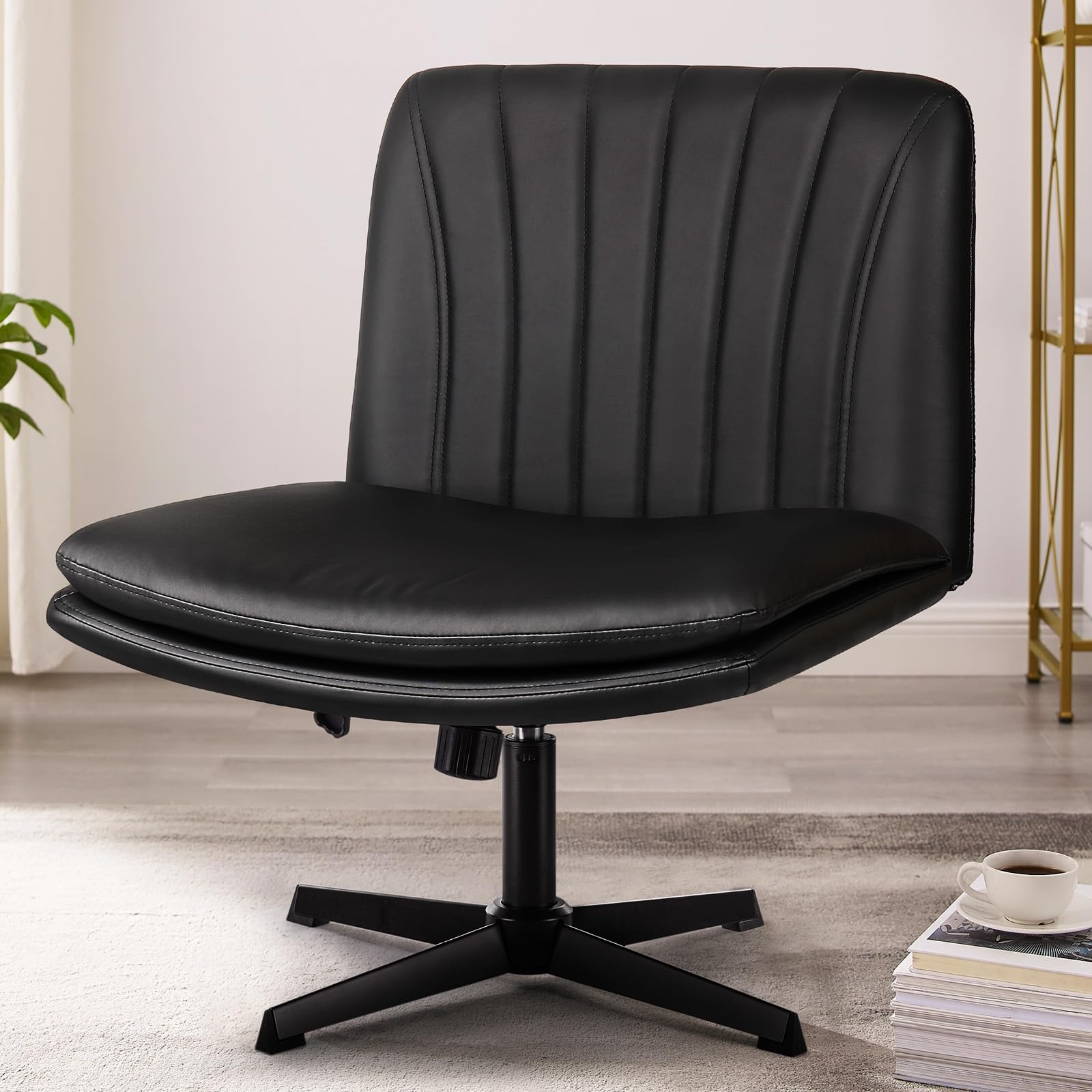 Pukami Criss Cross Legged Office Chair,Armless Office Desk Chair No Wheels,Pu Leather Modern Swivel Vanity,Height Adjustable Wide Seat Mid Back Computer Task Chair For Home Office